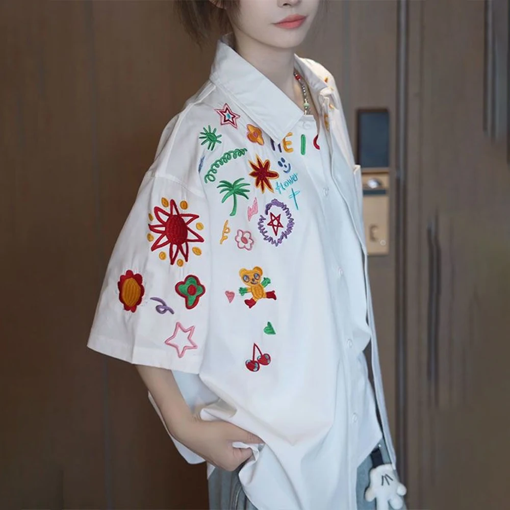 

Summer New Men's Graffiti Embroidered Short-Sleeved Shirt American Retro Fashion Trend Street Loose Breathable Niche Men's Tops
