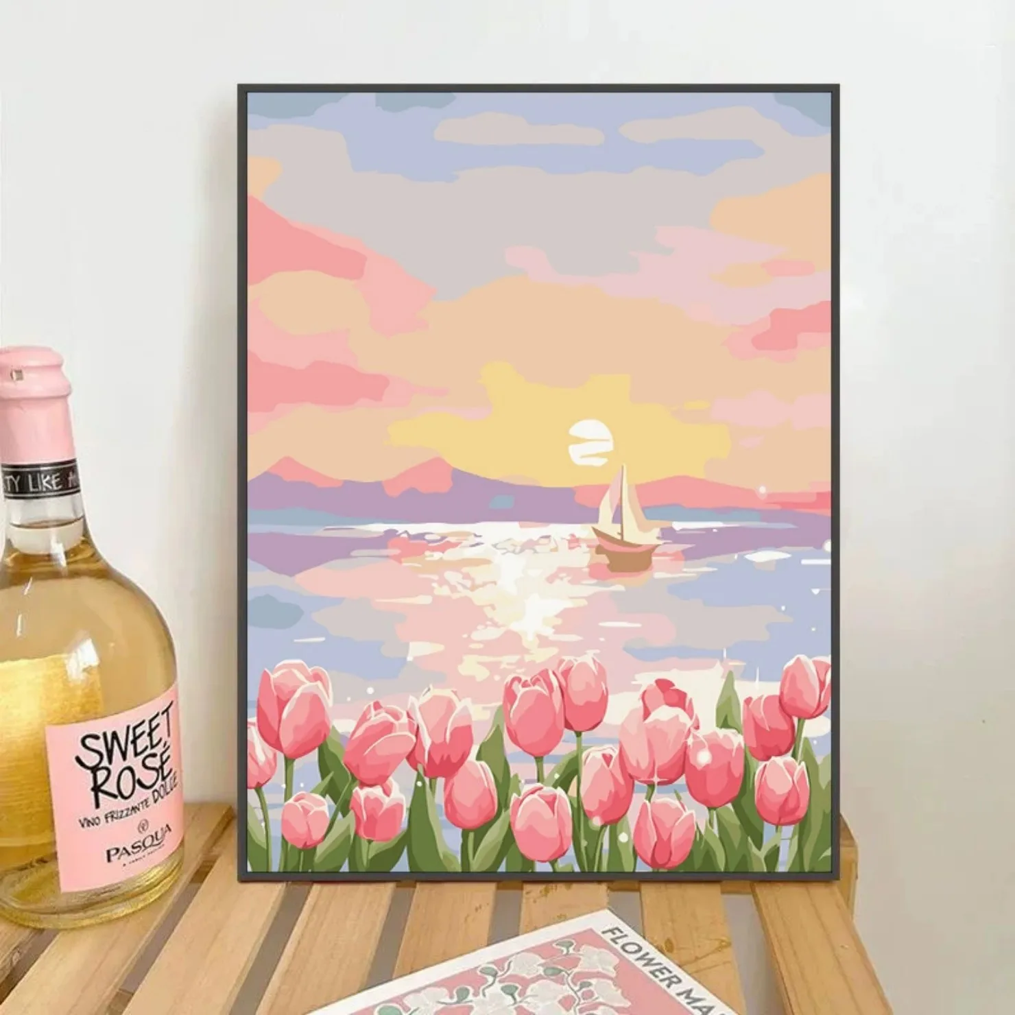 300039-Pink tulips greet sunset sail on calm lake