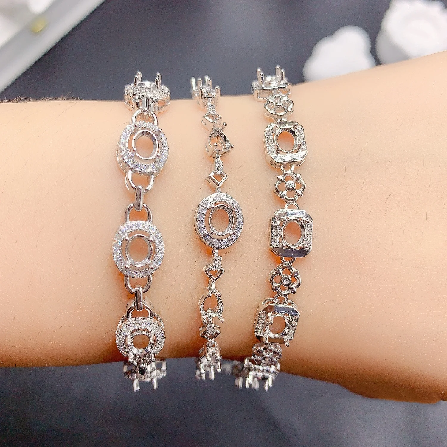 S925 Sterling Silver Inlay 4*5mm Elliptic Gem Bracelet for Women Empty Support DIY Fashionable and Versatile Jewelry Accessory