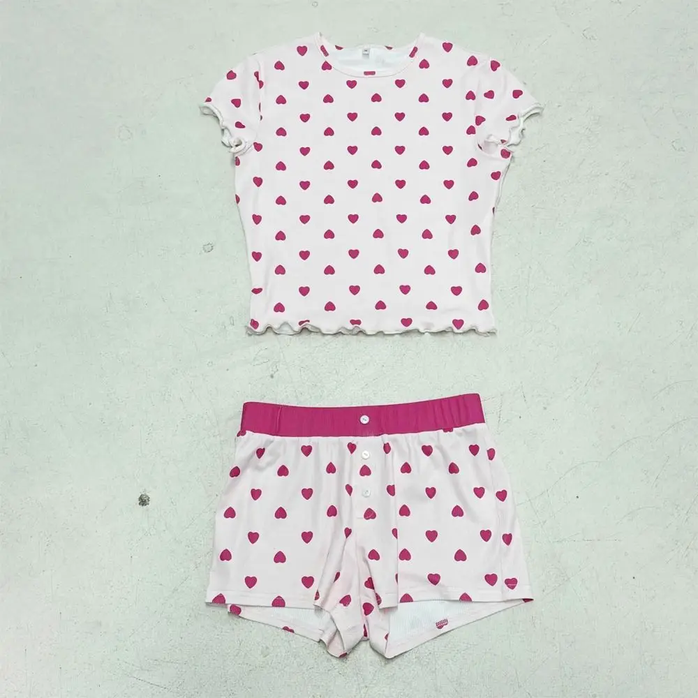 편안한 달콤한 반팔 잠옷 세트 얇은 하트 캐미솔 반바지 Nightdress Euffle Homewear 두 조각 Nightwear 여름