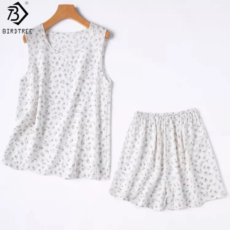 BirdTree, 100% Silk Pajamas Set, Women Jacquard Double Crepe Vest Shorts, Elegant O-neck Homewear, 2026 Spring New S63237JF