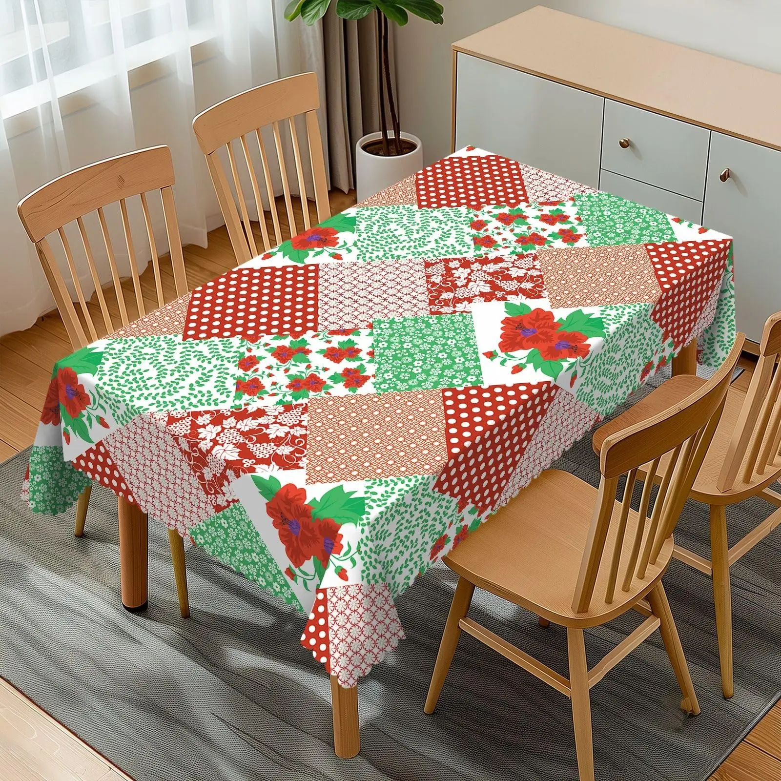 Floral Patchwork Rectangular Tablecloth, Teal Trellis Flower  Wavy Border Polyester Table Cloth for Dining, Kitchen,