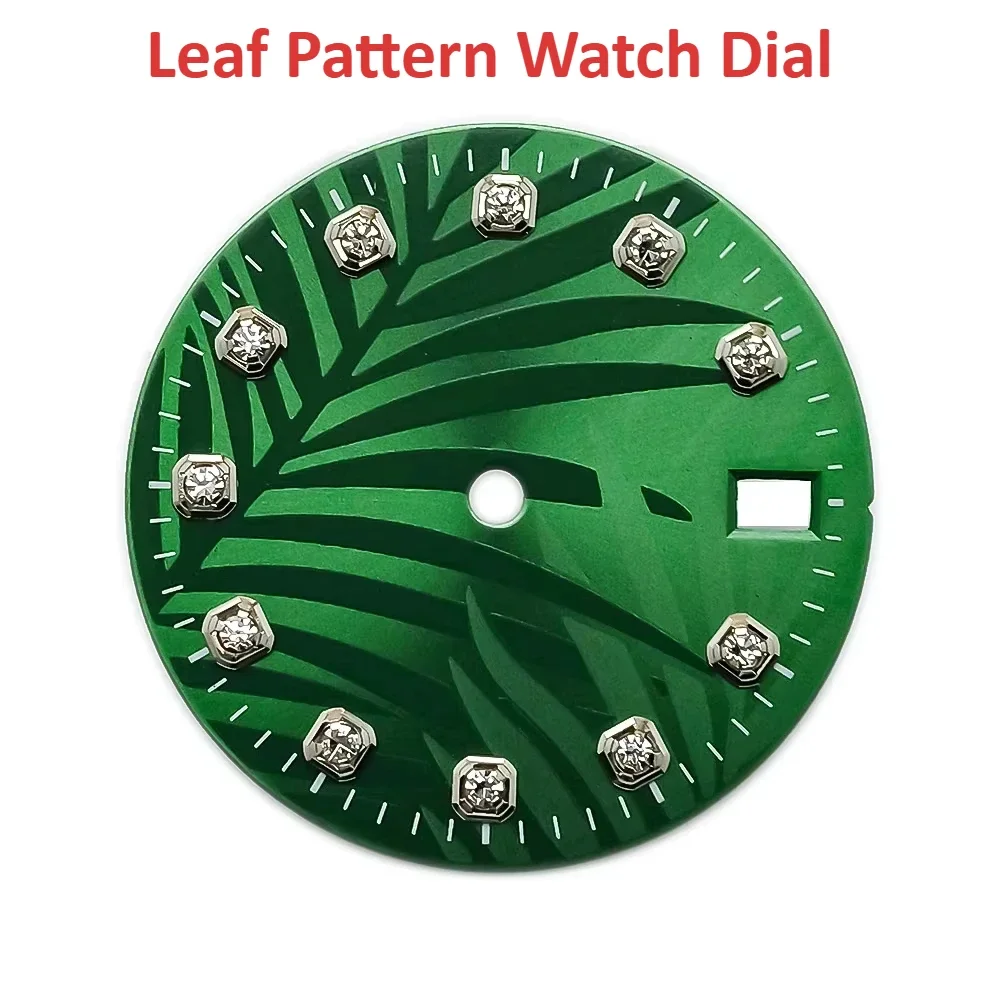 

28.5mm Green/Yellow/Grey Leaf Pattern Watch Dial with Diamond for NH35 NH36 Movement Leaf Patterns Crystal Index Diy Parts