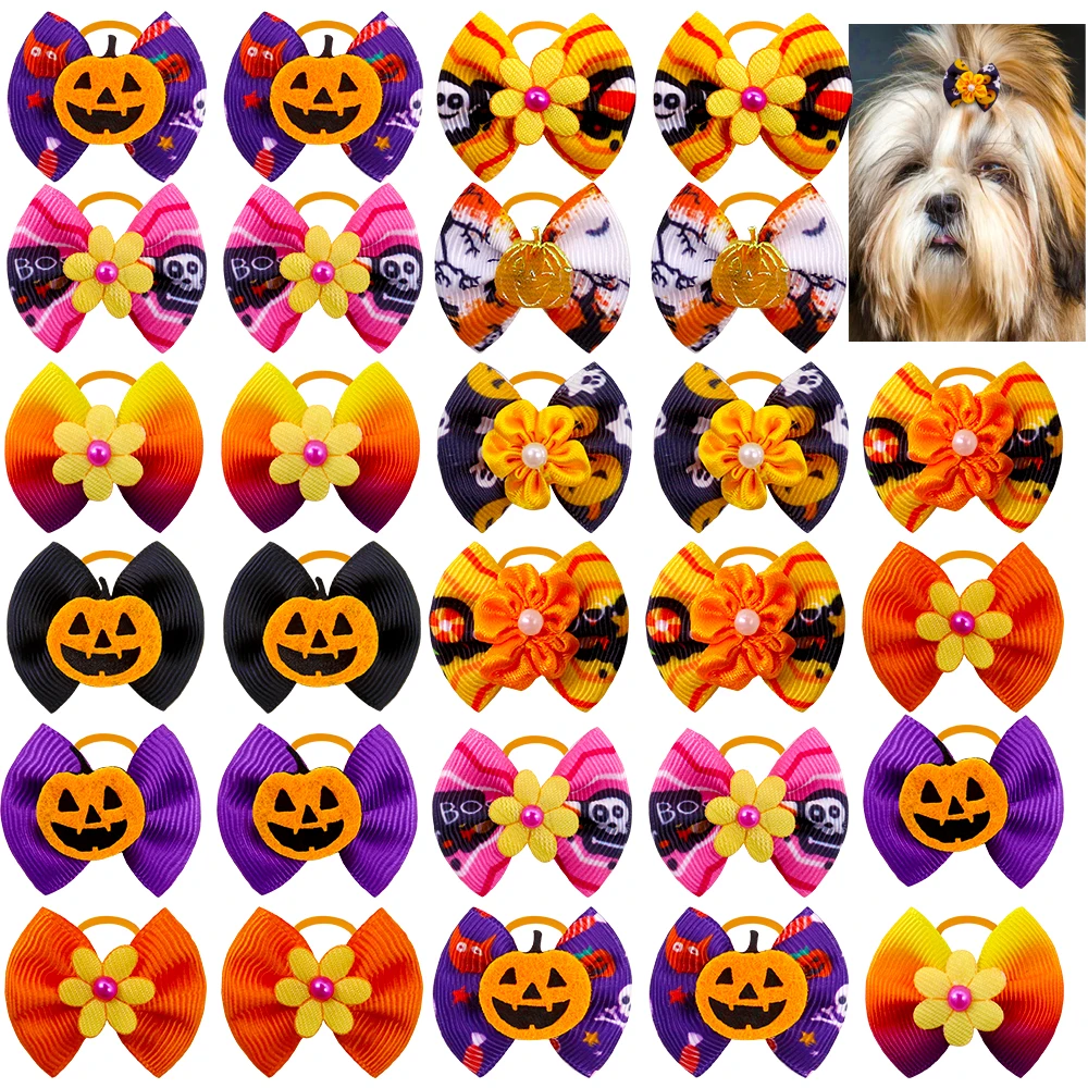 50PCS  Fall Dog Hair Bows Pumpkin Skull Bows For Small Dog Cat Grooming Bows Halloween Pet Dog Hair Accessories Dog Supplies