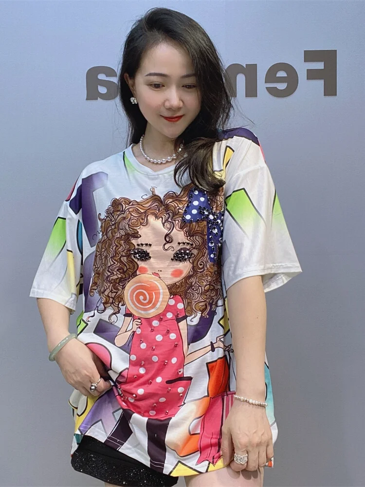 تي شيرت نسائي قطني بارد بأكمام قصيرة على الطراز الكوري لفصل الصيف مع طباعة ثقيلة وخرز بمقاسات كبيرة #2