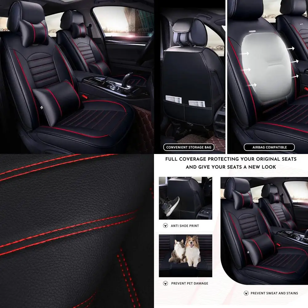 

Universal Waterproof Breathable Faux Leather Car Seat Covers Set, Black & Red, with Pillows, Suitable for Most Cars, SUVs, and T