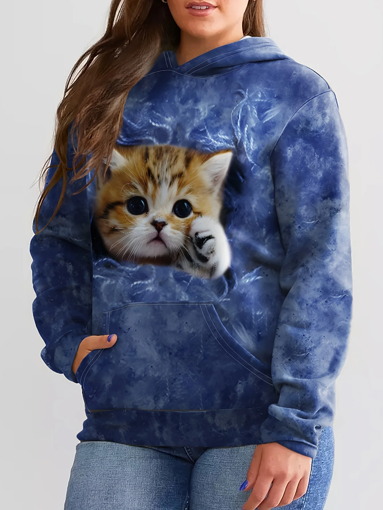 

Womens 3D Cute Cat Print Long Sleeve Hoodie - Soft Slight Stretch Polyester Pullover with Kangaroo Pocket, Machine Washable