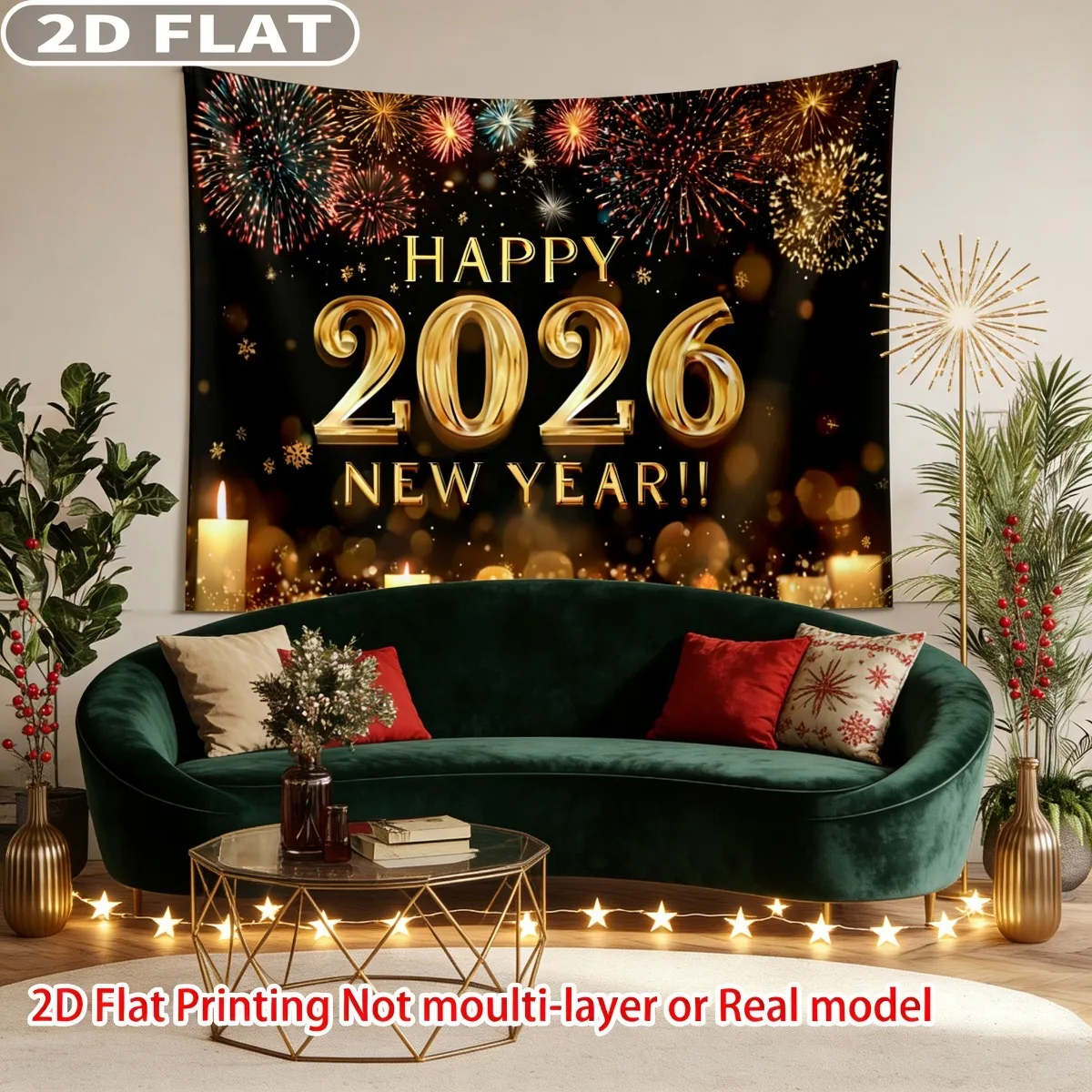 

2D FLAT 1pc 2026 Happy New Year Numbered Golden Balloons Number 6 Design Banner - Multiple Sizes Durable Polyester