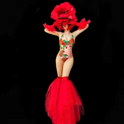 Valentine's Day Festival Party Rave Outfits Nightclub DJ Singer Dancer Sexy Stage Wear Red Big Flower Headdress Bodysuit Costume