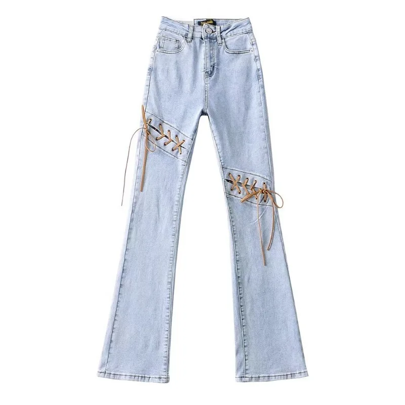 C5528 New Summer Personalized Knee Strap Women\'s Jeans Lady Flared Trousers Denim Pants