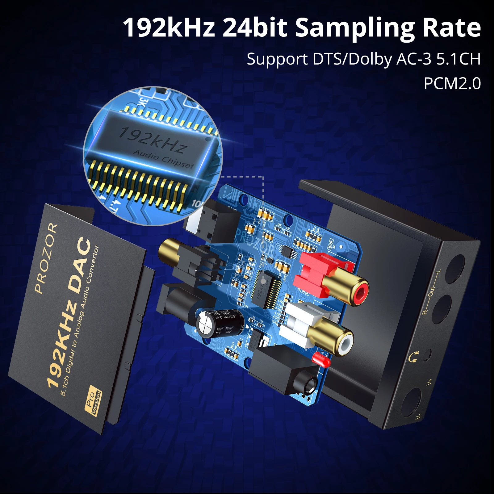 PROZOR 192kHz Digital to Analog Audio Converter Compatible with AC-3 DTS 5.1CH DAC Converter Optical Coaxial to RCA 3.5mm Jack