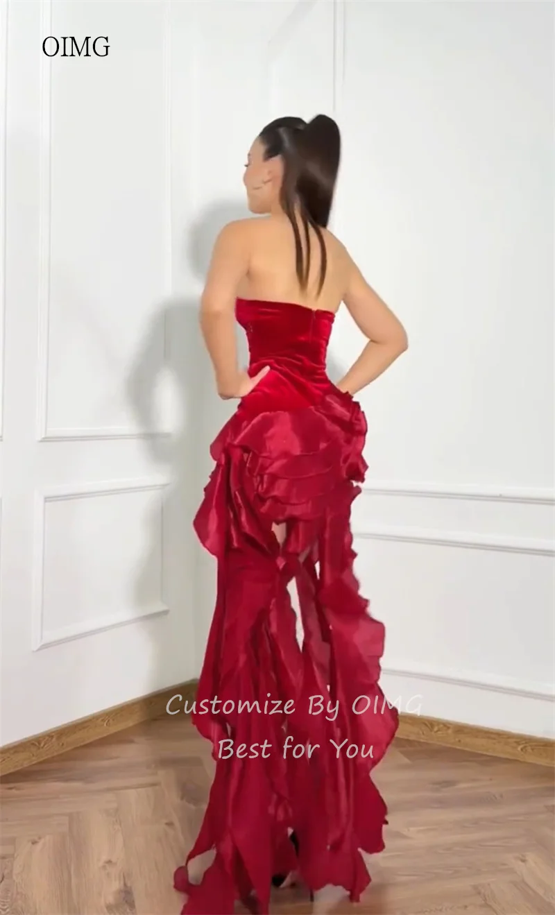 فساتين OIMG العصرية باللون الأحمر غير المتكافئة للحفلات الراقصة بدون ظهر فستان سهرة رسمي بفتحة فيستدوس دي غالا تخصيص #2