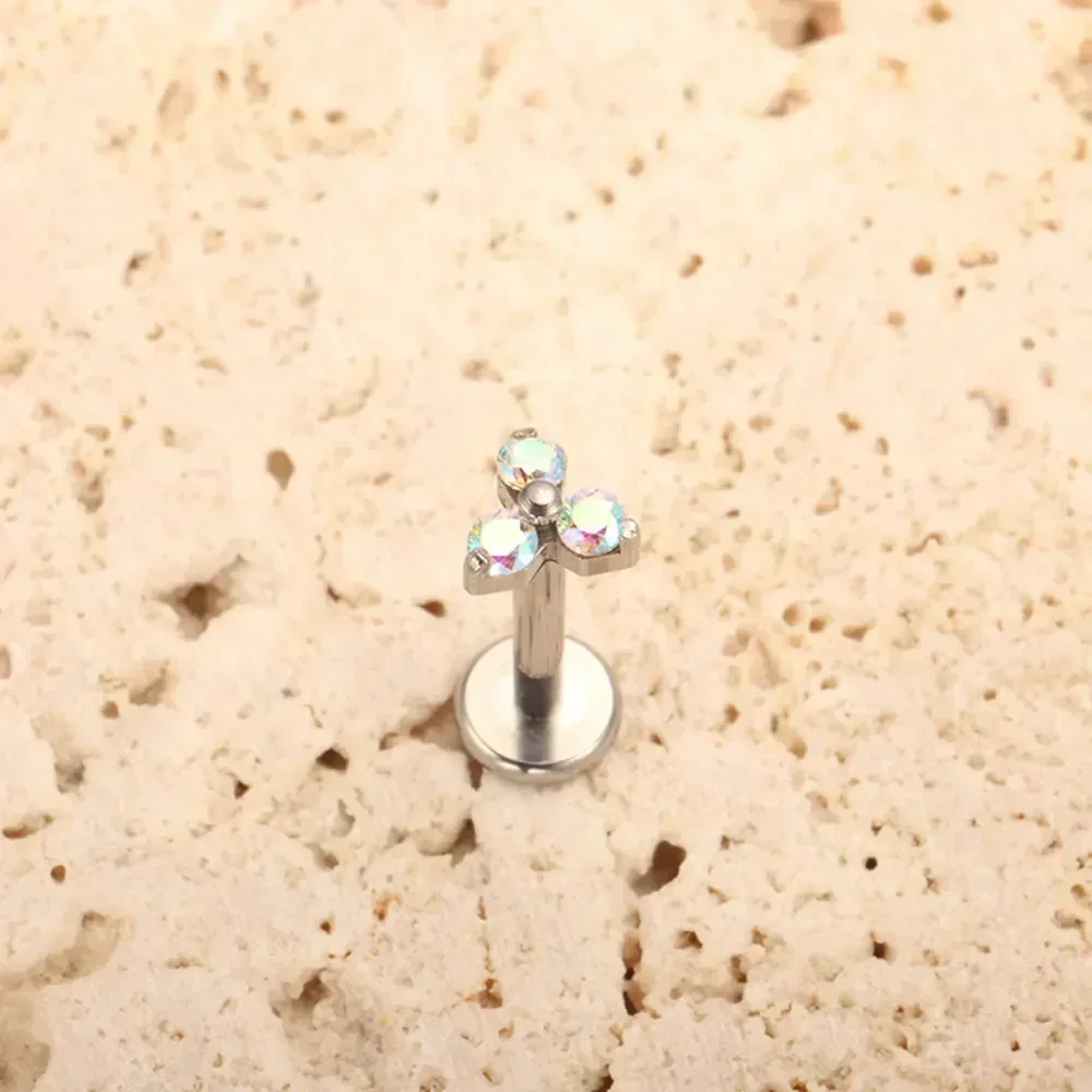 ASTM F136 Titanium Trinity Piercing Zirconia Paved Top Threaded Labret Studs Tragus Earrings Lip Tongue Stud Piercing Jewelry