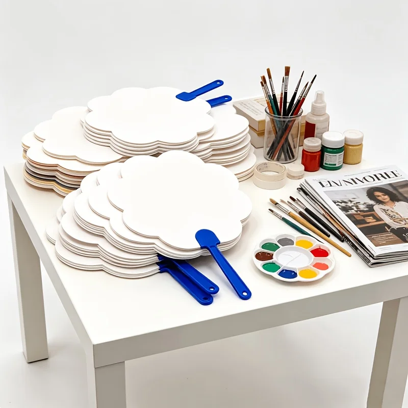 10/20Pcs Blank White DIY Paper Fans, Detachable Plastic Handle, Easy‑Paint Folding Fan for Craft Wedding Party