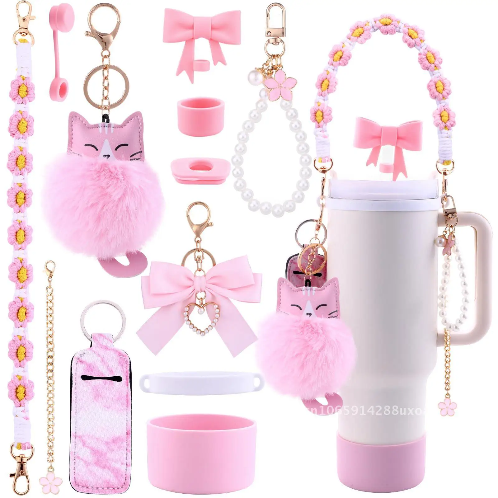 

Silicone Cup Cover suit Hand-held Rope Flower Pearl Cup Chain Bow Lucid Cat Fur Ball Keychain