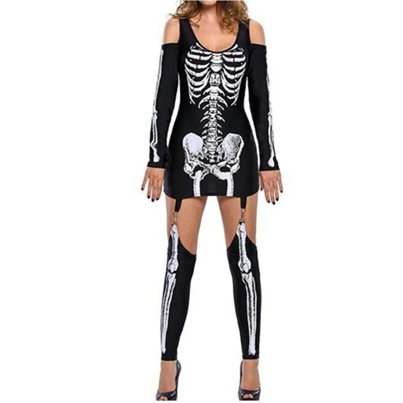 New Makeup Ball Skull Skeleton Print Sexy Off Shoulder Halloween Costume Dark Performance Dress