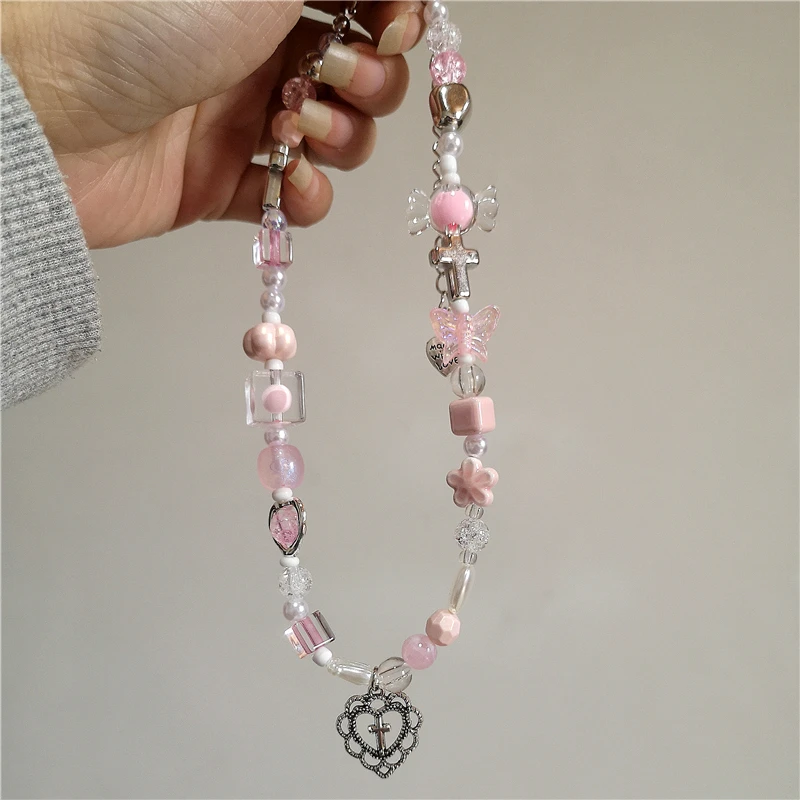 Vintage Hearth Cross Strawberry Pendant Pink Purple Beaded Necklace Girl Kpop Aesthetic Y2K Jewelry EMO Scenes 2000s Accessories