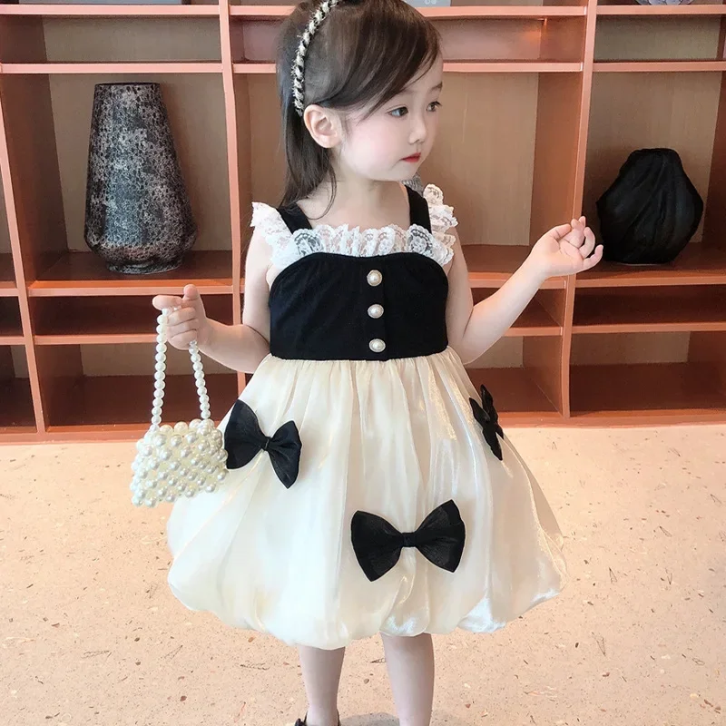 

Bodice Pearl Like Buttons Cream Colored Skirt Black Bows for Children Kid Girl Sleeveless Dress White Lace Trimmed Straps Black