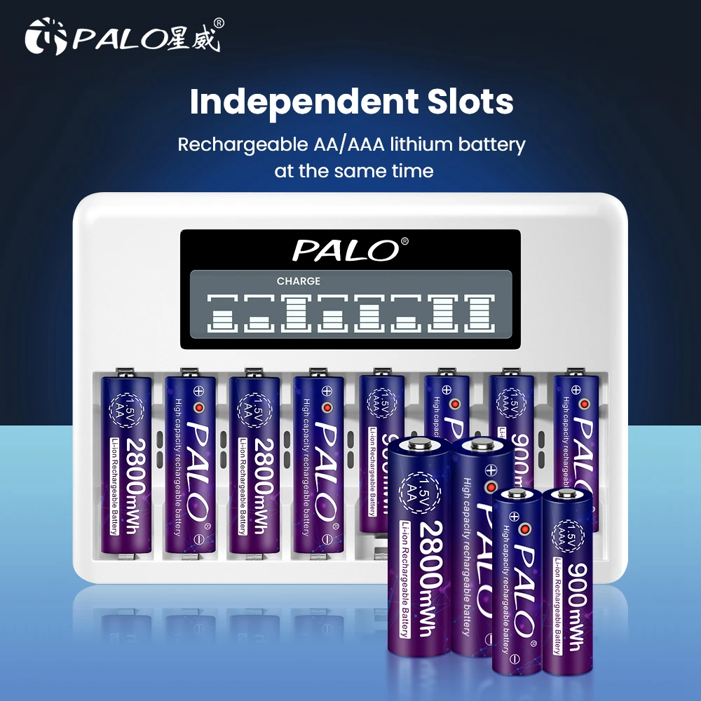 PALO 1.5V AA AAA Rechargeable Li-Ion Battery 3A 2A Lithium ion Batteies With 8-Slots LCD USB USB Charger for 1.5V AA AAA Battery
