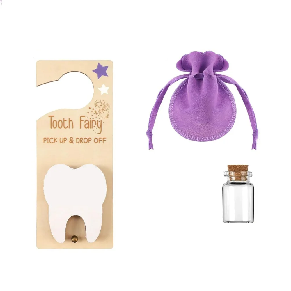

1 Set With Bag Tooth Door Hanging Pendant With Slot Wear Resistant Wooden Tooth Fairy Holder Hanging Tooth Holder Bag Boys Girls
