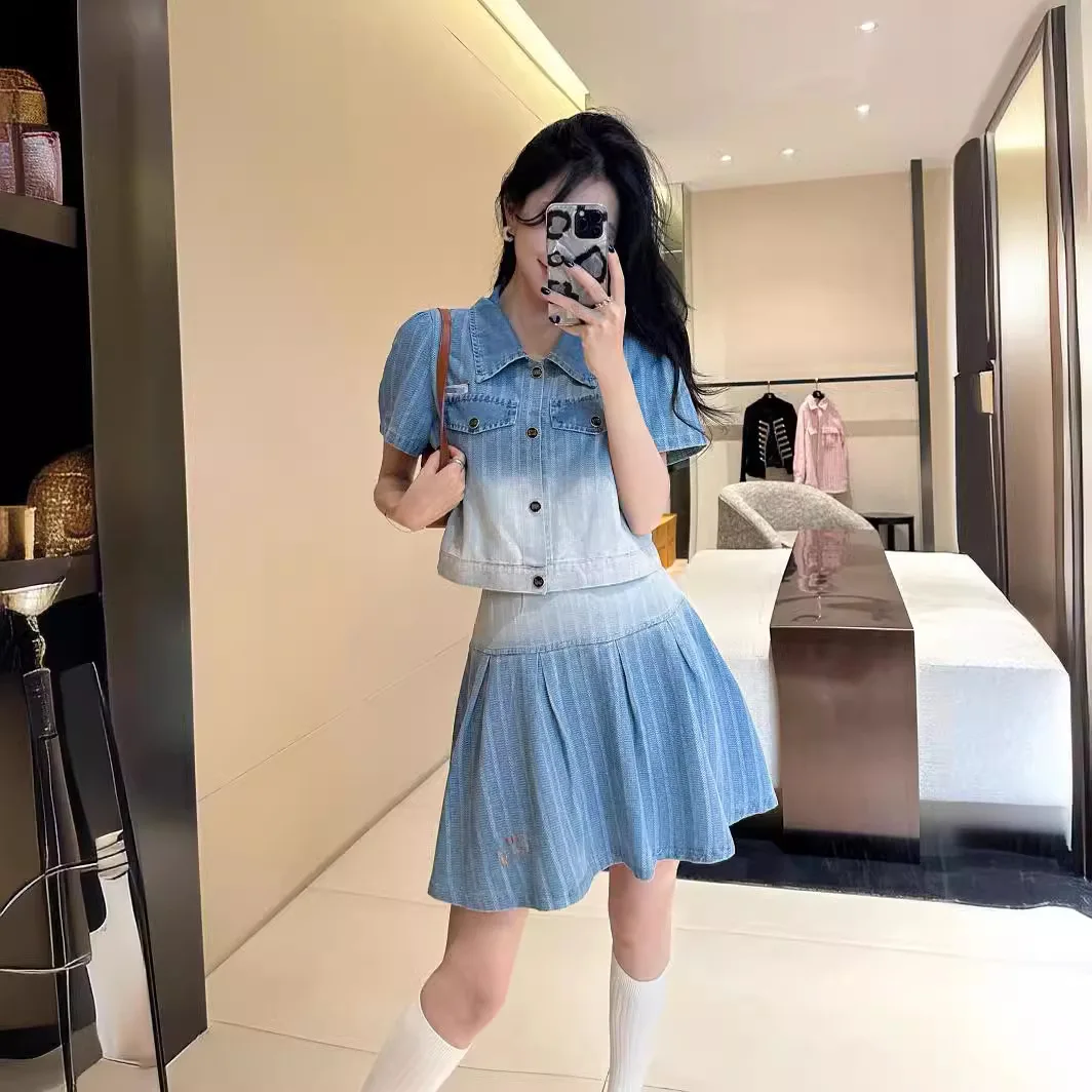 

Designer brand luxury high quality old money style embroidery logo gradient color thin denim top half skirt set