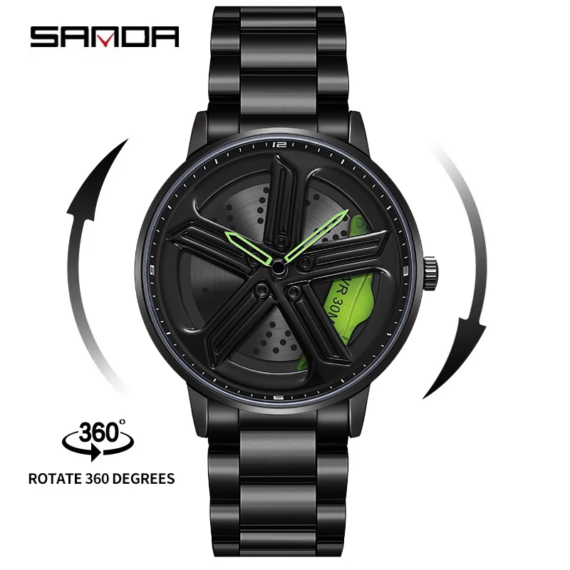 Fashion Sanda Top Brand P1106 2024 Men Car Hub Quartz Custom Design Waterproof Wheel Rim Rotating Dial Watches Relogio Masculino