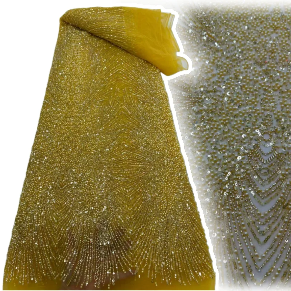

Gold Luxury French Embroidery Heavy Groom Beads Lace Fabric Withs Sequins 5 Yards High Quality Materiel for Party Dresses SZ1939
