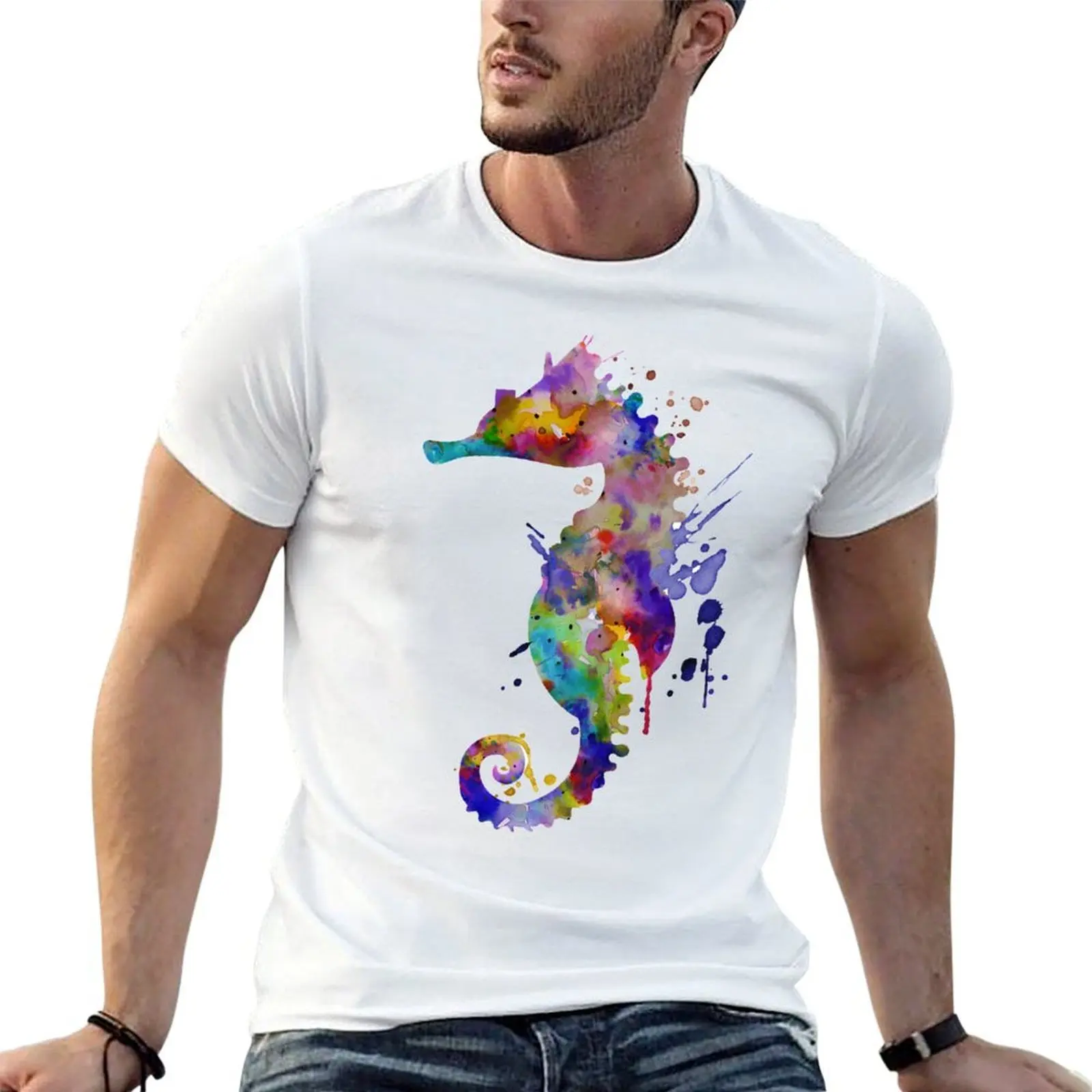 Colorful Seahorse Silhouette T-Shirt affliction shirts plus size clothes T-shirts for men cotton