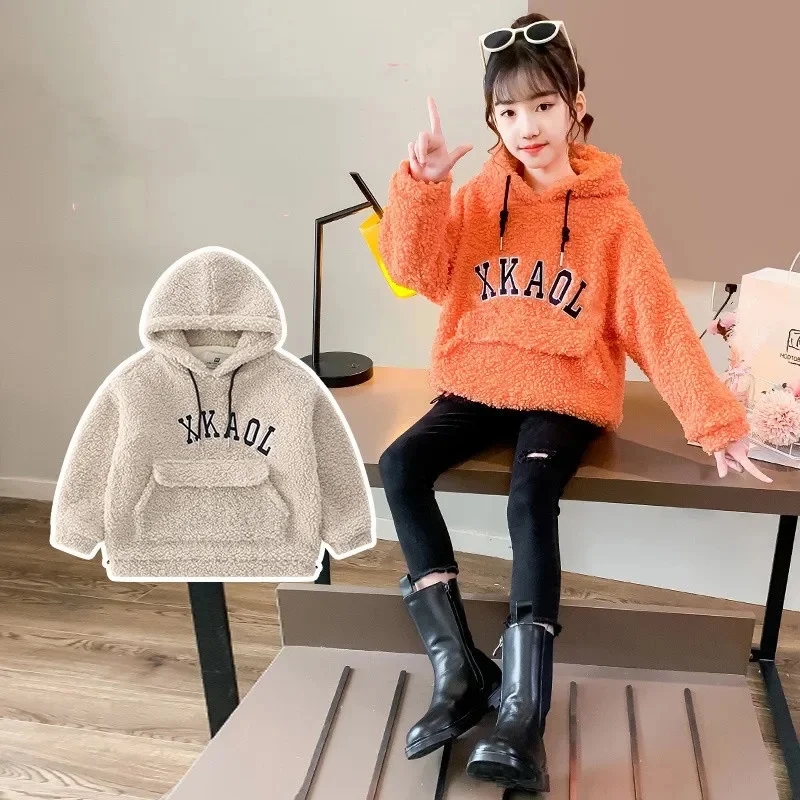 Hoodies Boys Girls Sweatshirts Cotton Tops 2025 Orange Warm Thicken Plus Velvet Winter Autumn Toddler Pullover Kids Children's C