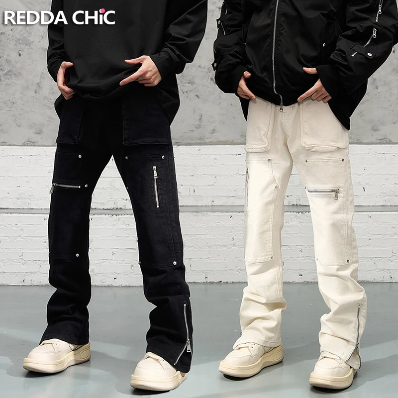 

REDDACHIC Functional Zipper Split Cargo Jeans for Men Hiphop Loose Casual Pants Multi-pocket Grunge Y2k Trousers Emo Streetwear