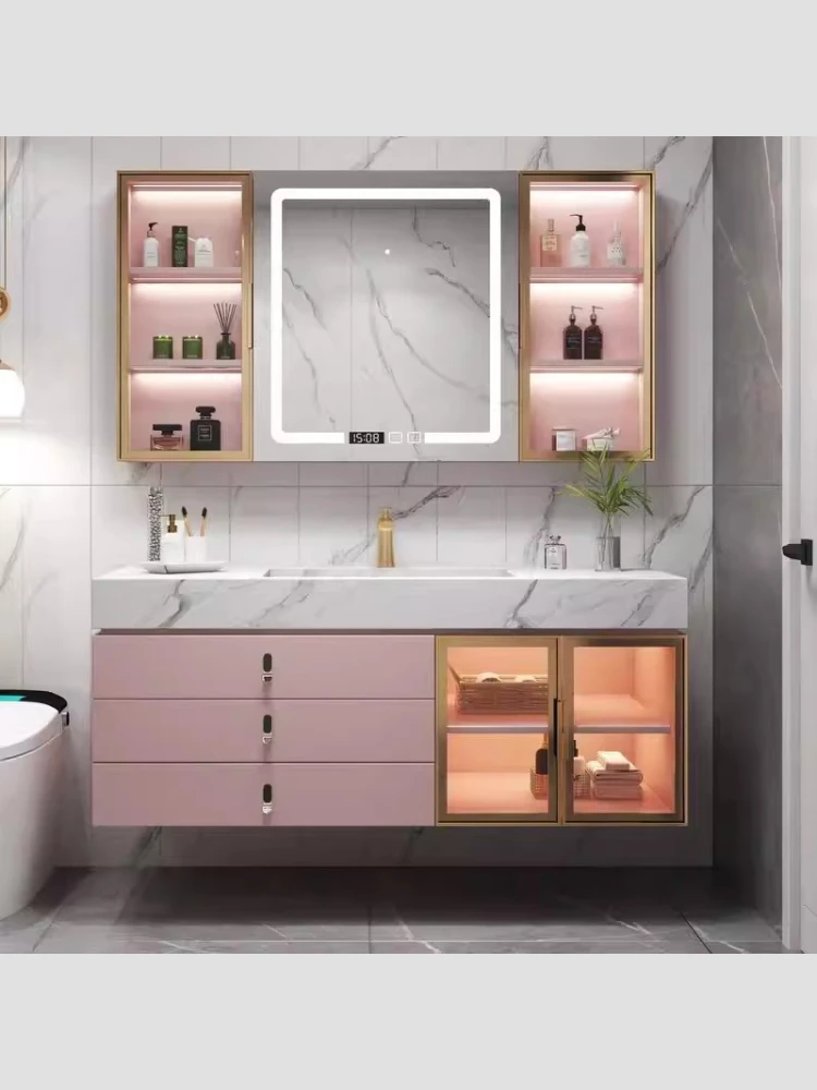 

Rock slab integrated basin wash table induction mirror cabinet simple wash basin basin cabinet combination