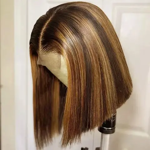 Peluca Bob resaltada de 12 pulgadas, cabello humano corto liso 13x4, pelucas de cabello humano con encaje Frontal para mujeres, peluca Frontal de encaje Bob rubio miel