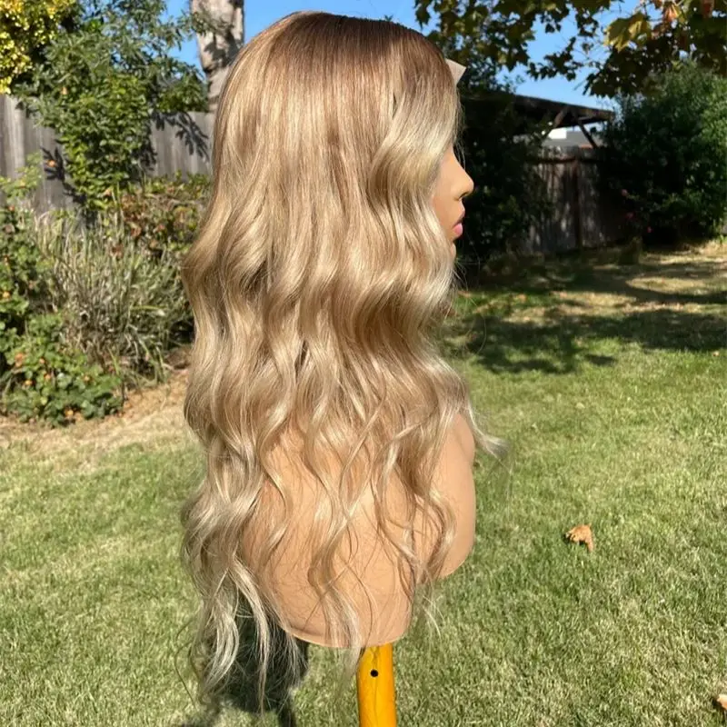 Perruque Full Lace Frontal Wig 100% naturelle, cheveux humains, 13x4, balayage, blond gênant, racines brunes, dentelle suisse transparente