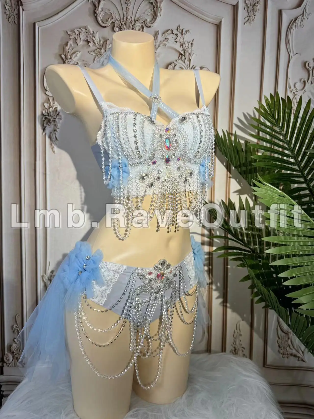 Strój dla showgirl, kostium na imprezę, strój na koncert, kostium na występ, seksowny, luksusowy, niebieski, błyszczący, z frędzlami, diamentowy strój bikini na imprezę, na wydarzenie.