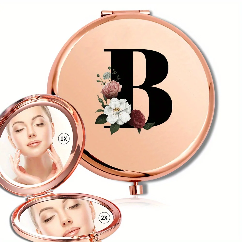 مرآة مكياج محمولة معدنية متينة للسيدات أداة تجميل خارجية عالية الوضوح مرآة مزدوجة الجوانب نمط حروف زهرية سوداء