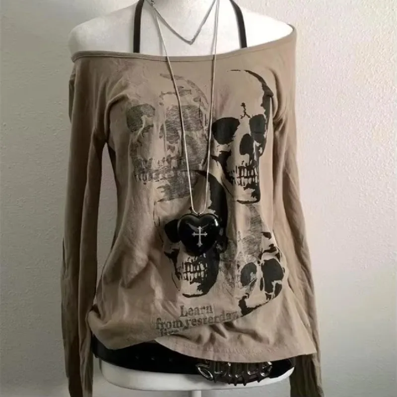 Subculture Vintage Sexy Skull T-shirts Women Punk Slim Harajuku Y2k Crop Tops Retro 2000s Tees Chic Streetwear Gothic T Shirt