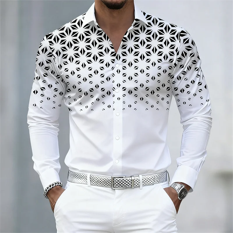 

Colors Of Men's Shirts, Fashionable Geometric Pattern Print Long Sleeve Shirts, Personalized Trendy Slim Lapel Casual Shirts