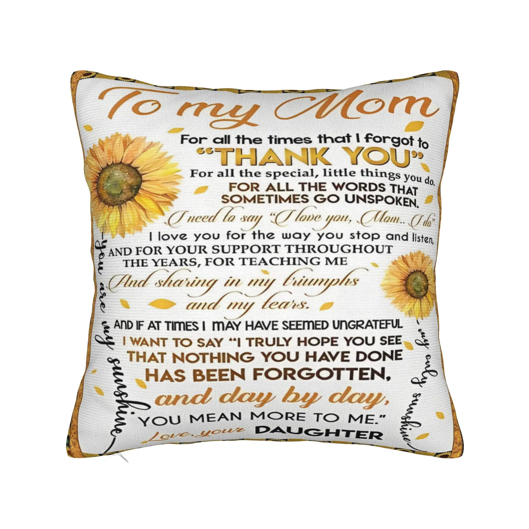 Mother's Day Letter From Daughter Pillowcase Polyester Cushion Cover Decorative Sunflower  Pillow Case Cover Home Zipper 40*40cm