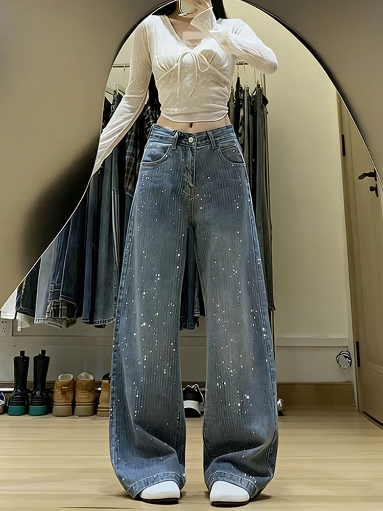 

Star Women's Jeans High Waist Loose Fitting Draped Wide Leg Pants Winter Faion Diamond Embellied Slimming Effect