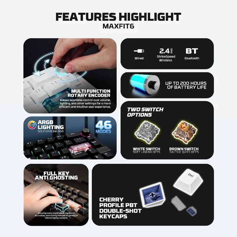 FANTECH MK920 MAXFIT6 Three-Mode Wireless Mechanical Hot-swappable RGB Backlit  Extra Accent Keys for PC Gamer Gaming Keyboard