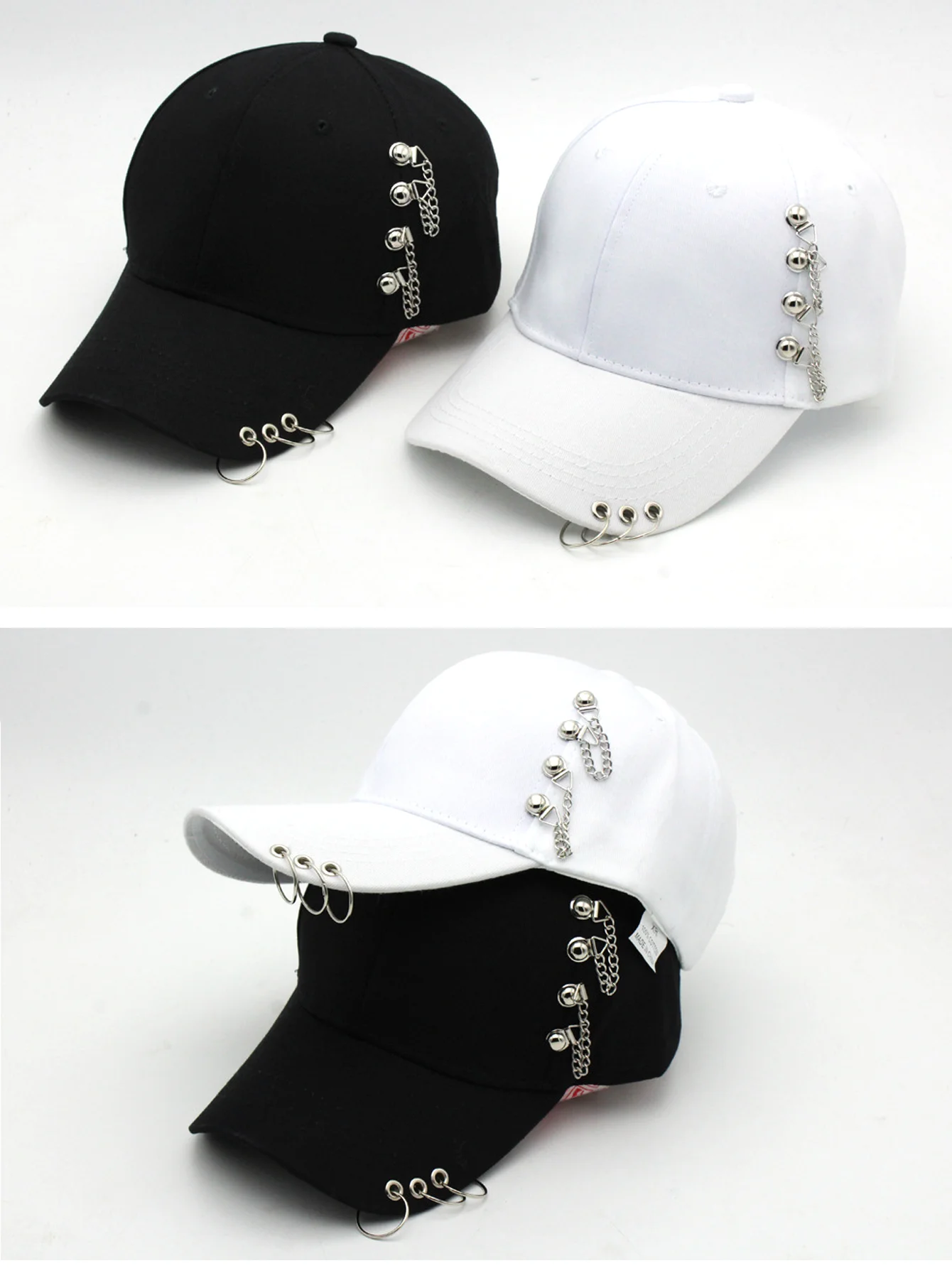 1pc Fashion Personality Baseball Cap Iron Ring Chain Cap Street Metal Decoration Duck Tongue Cap Leisure Adjustable Popular Cap