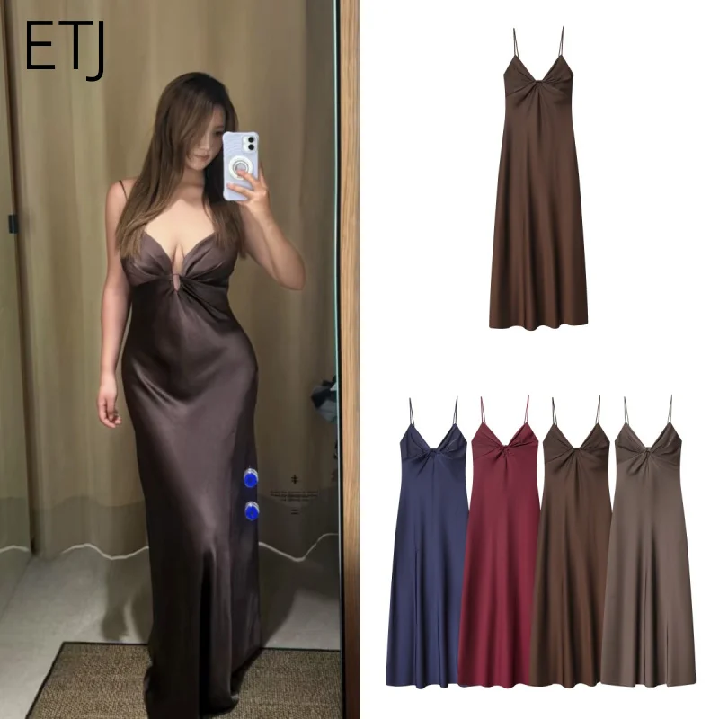 ETJ 2026 Frühjahr neue Damen elegante Satin schlanke Schulter sexy V-Ausschnitt Riemen langes Kleid Partykleid ist in vielen Farben erhältlich