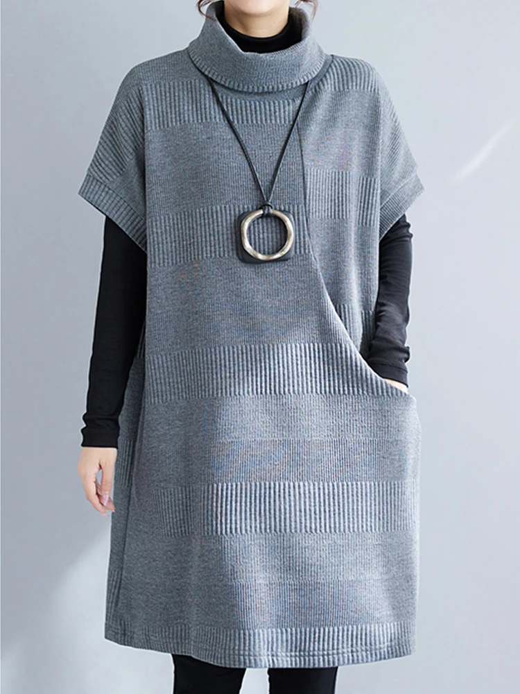 

Women Oversized Clothing 2025 New Autumn Winter Casual Loose Turtleneck Short Sleeve Pullover Dresses Elegant Fashion Midi Dress