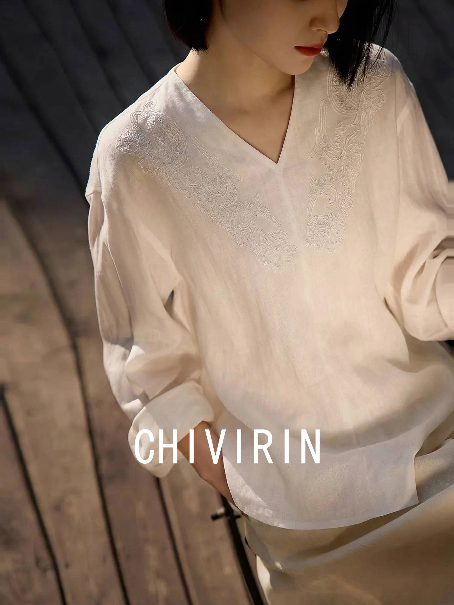 

Женская льняная рубашка Chivirin с V-образным вырезом, свободного кроя, с текстурой, весна 2026, дышащая, комфортная, с длинным рукавом, повседневная