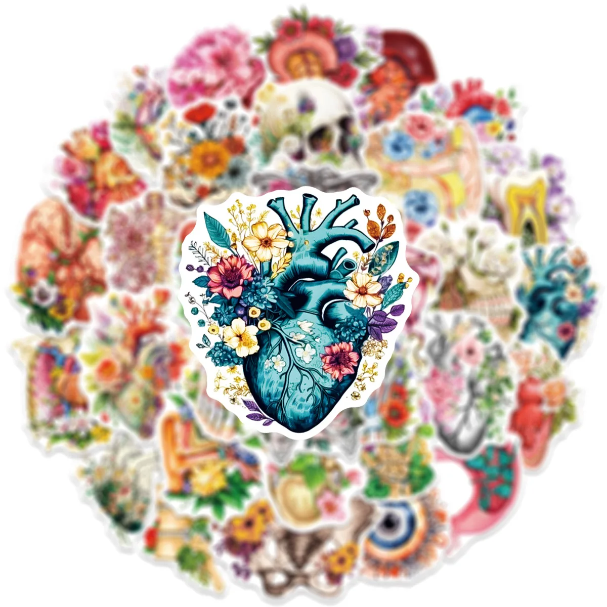 

50PCS Cartoon Flowers Human Body Organs Graffiti Stickers Personality Creative DIY Water Cup Mobile Phone Case Stationery Box