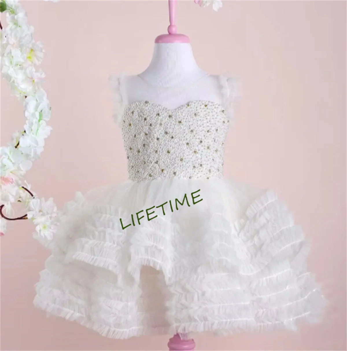 Funkelndes rosa Baby-Mädchen-Kleid mit Perlen verziert, Kinder-Couture-Puffy-Prinzessin-Kostüm, Mädchen-Geburtstagskleid, große Schleife, 12 m, 18 m, 24 m