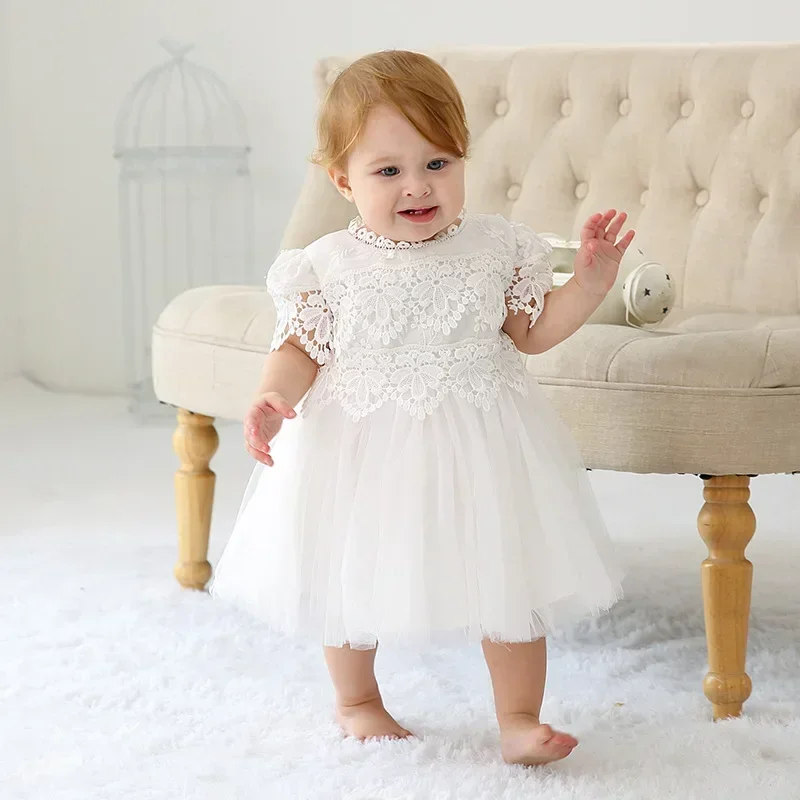 

Baby's Birthday Princess Dress White Flower Girl Dresses for Weddings Birthday Dress for 1 Year Baby Girl