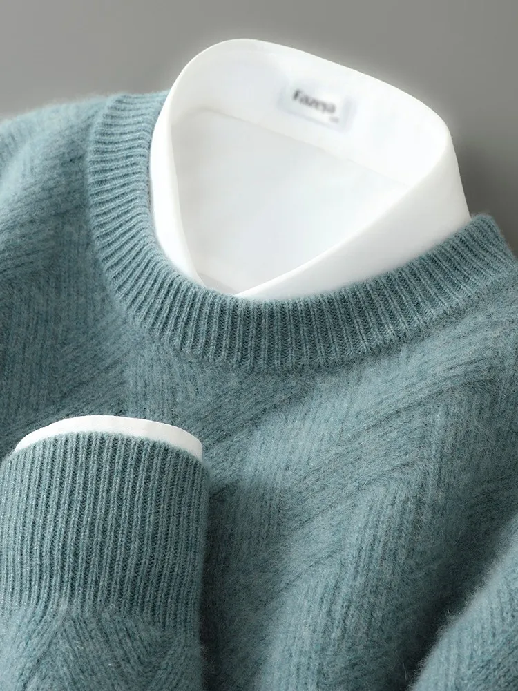 

Men's Woolen Knitted Sweater round Ne Loose Fit Thiened Warm Casual Pure Color Knitwear Comfortable Soft Long Sve Top