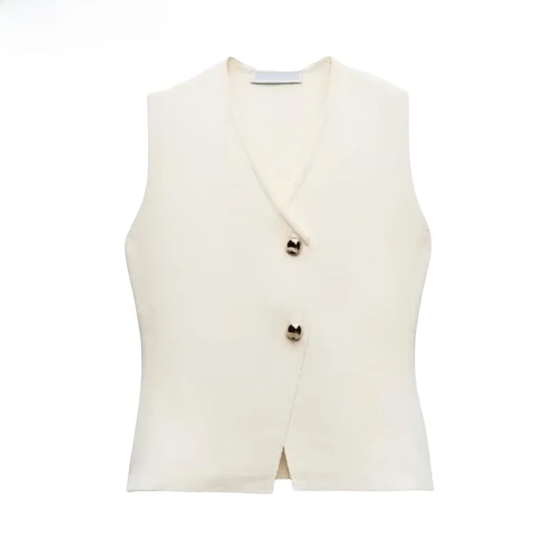 

New Women's Knitted Vest Gold Button Small Pleat Patchwork Skirt V-ne Slim Fit Pure Color Commute Sle Chinese Production