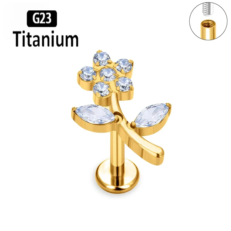 Piercing d'Oreille en Titane ASTM F136, Bijoux de Haute Qualité, Fleur CZ, Labret, Tragus, Cartilage, Conque Avant, Helix, 16G